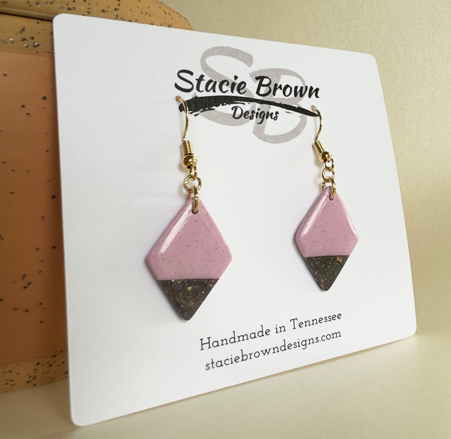Pink-lavender and Charcoal Grey Diamond-Shaped Dangle Earrings